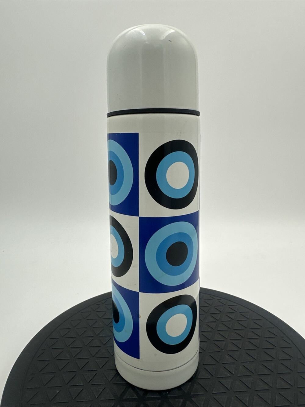 Vtg Marimekko Circles Groovy Thermos Bottle Blue Black White